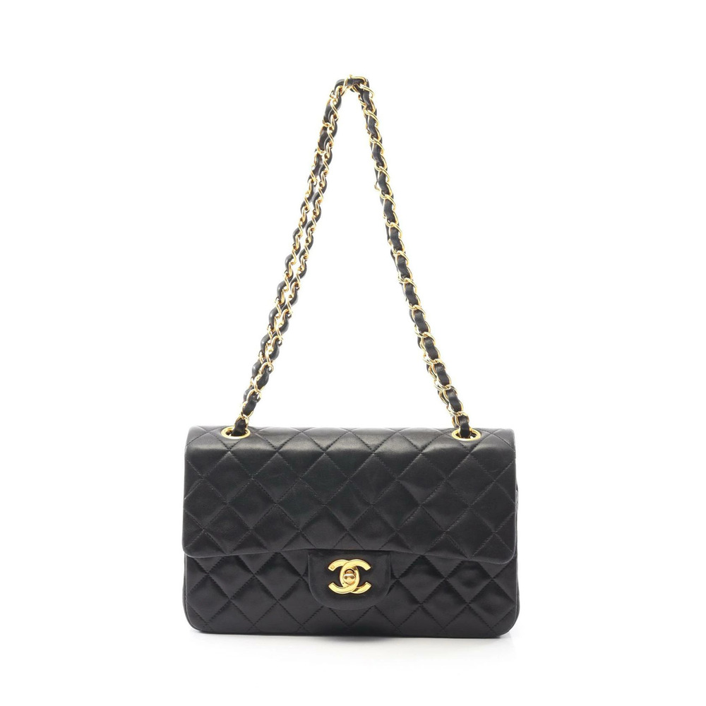 Chanel Matelasse Double Flap Shoulder Bag Lambskin Sheepskin Black